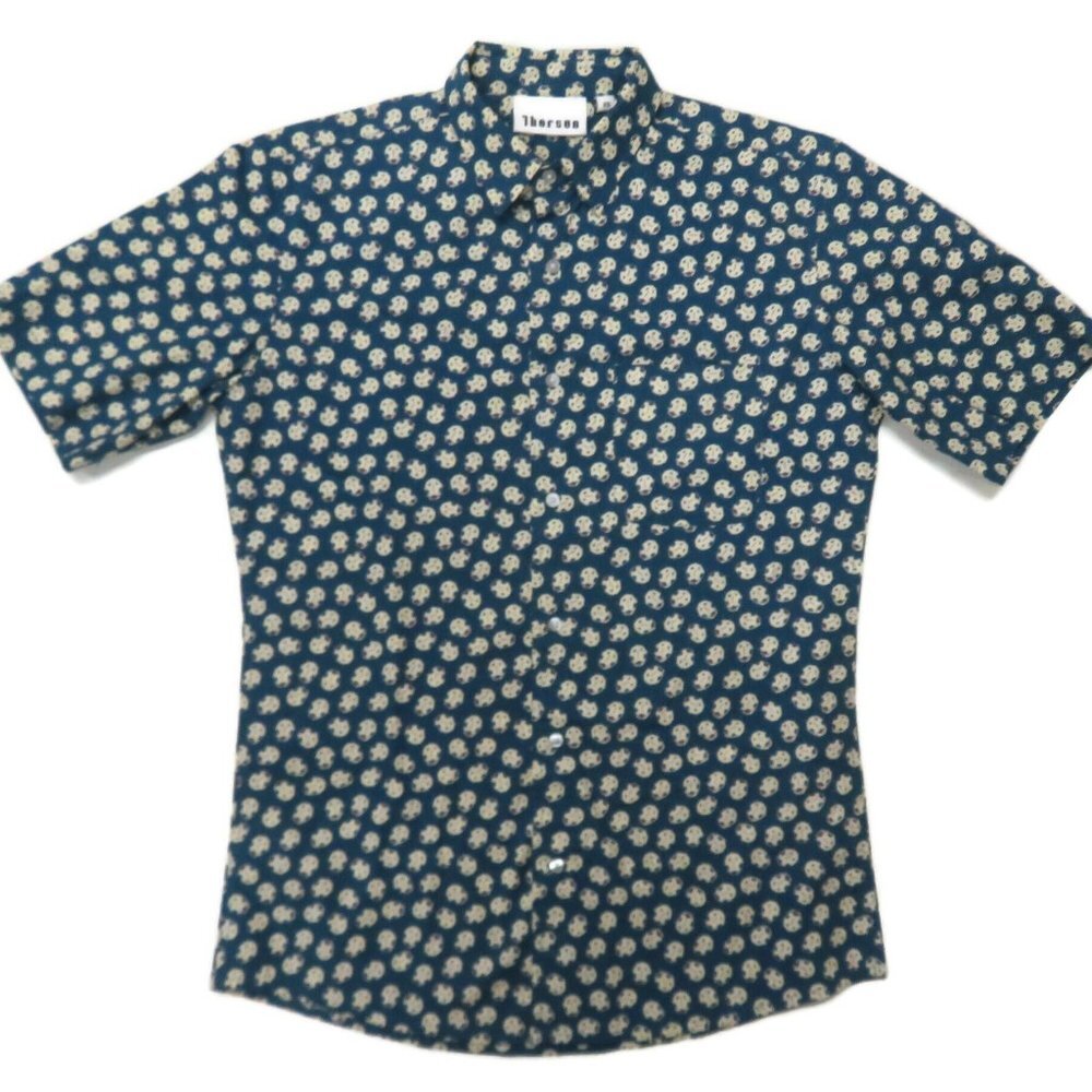 Thorsun Button Up Shirt‎ Mens XS Blue Ladybug Print Cotton Short Sleeve
